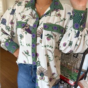 LOFT White Button-Up Blouse with Green Trim and Purple Floral Peacock Print
